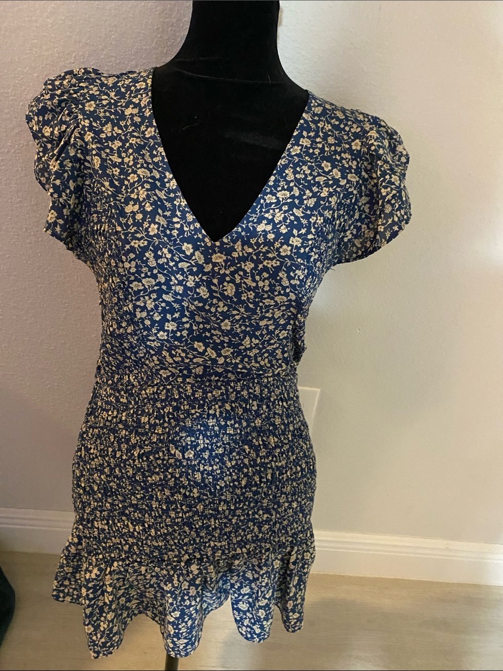 Sugarlips Blue Floral V-Neck Smocked Mini Dress